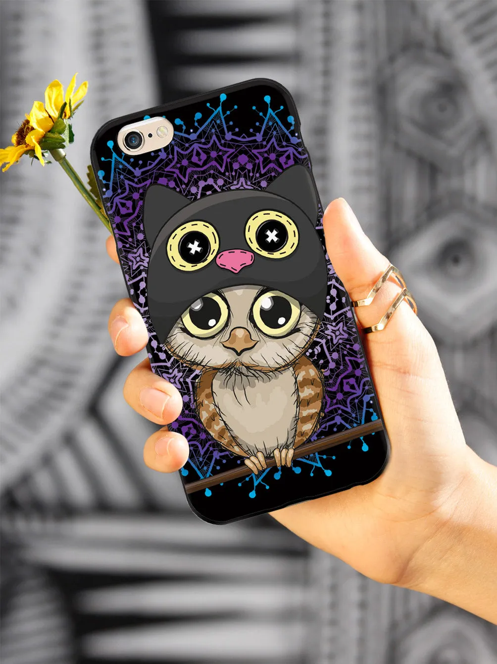 Cute Kitten-Owl Doodle - Black Case