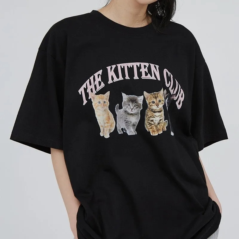 Cute Vintage Kitten Club Print Oversized T-Shirt