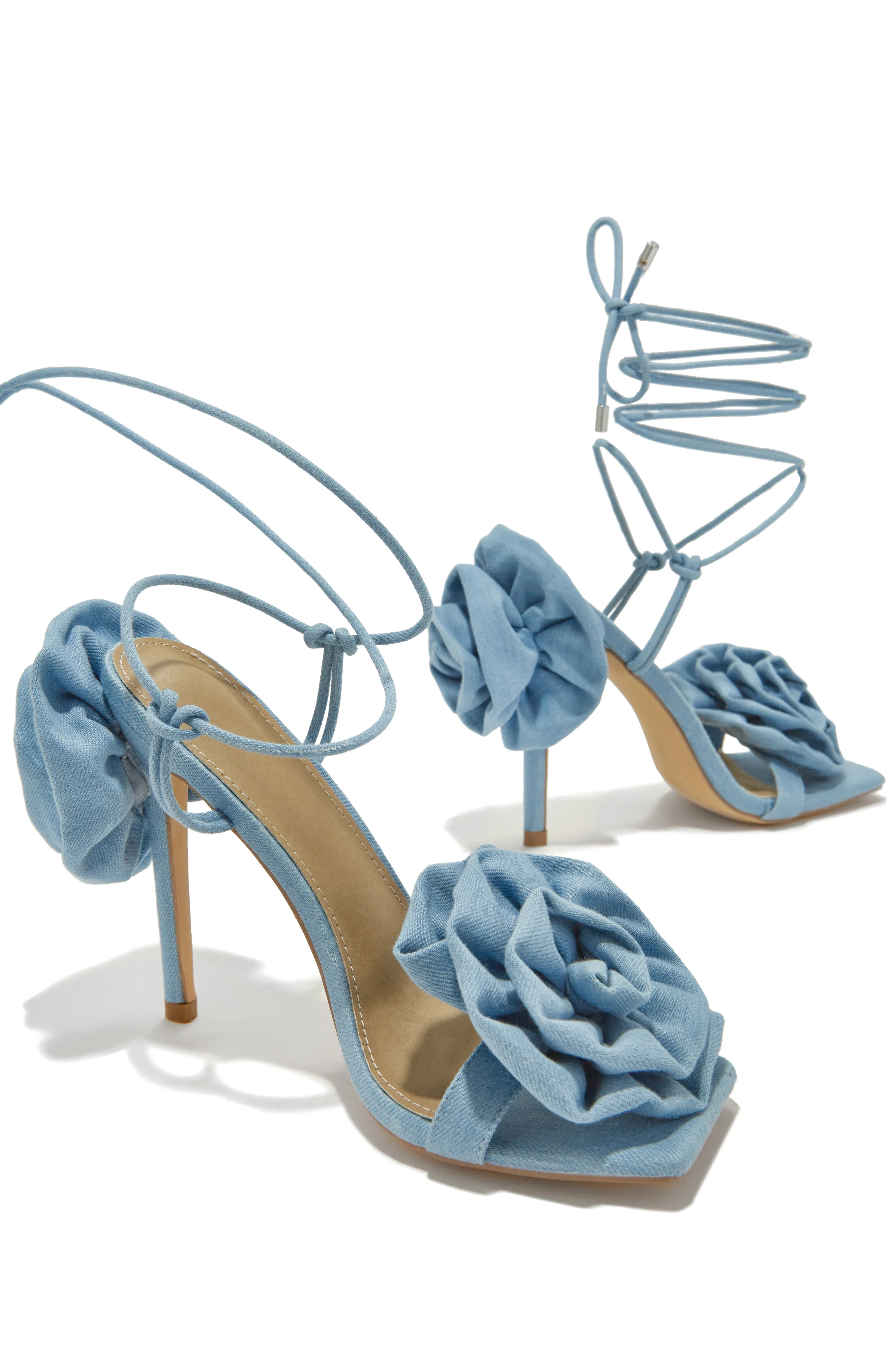 Divine Bloom Rosette Lace Up Heels - Denim