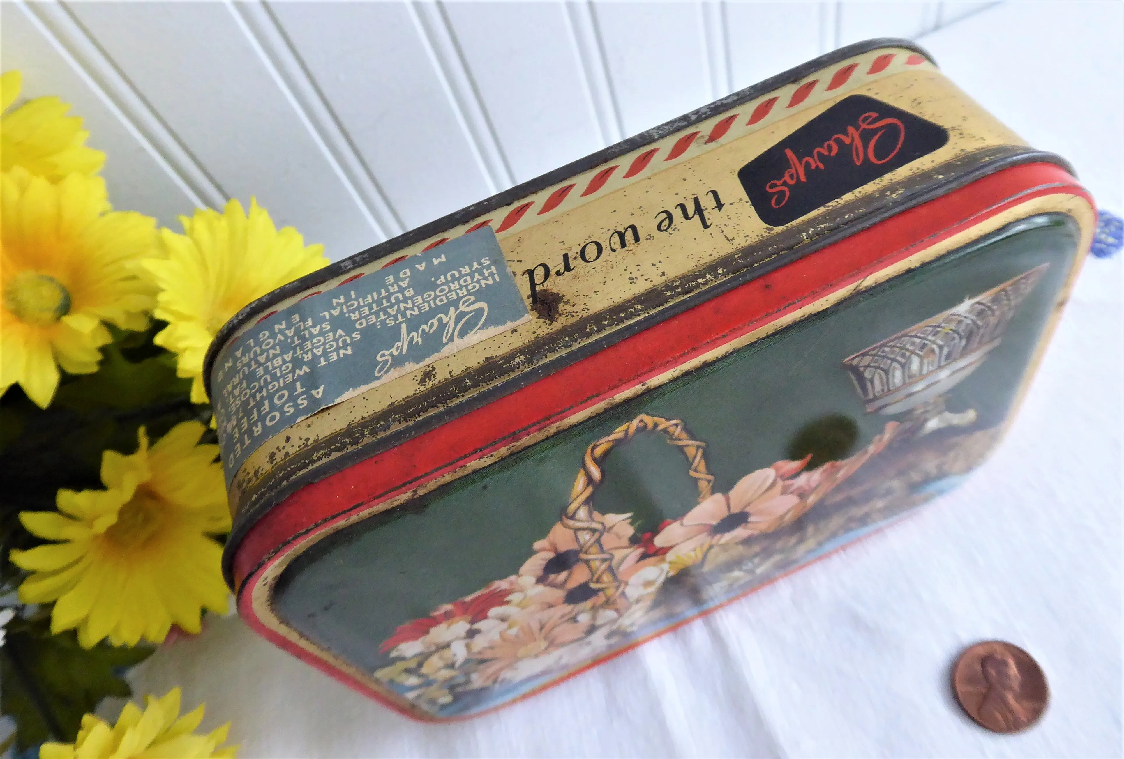 Kitten English Tin Tea Toffee Tin Sharp's England 1940s Cat And Flower Basket