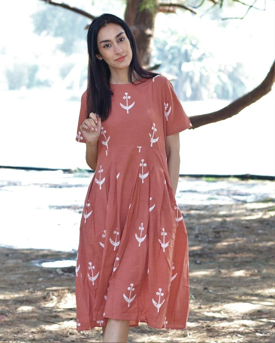 Peach Blockprinted Cotton Pleated Dress
