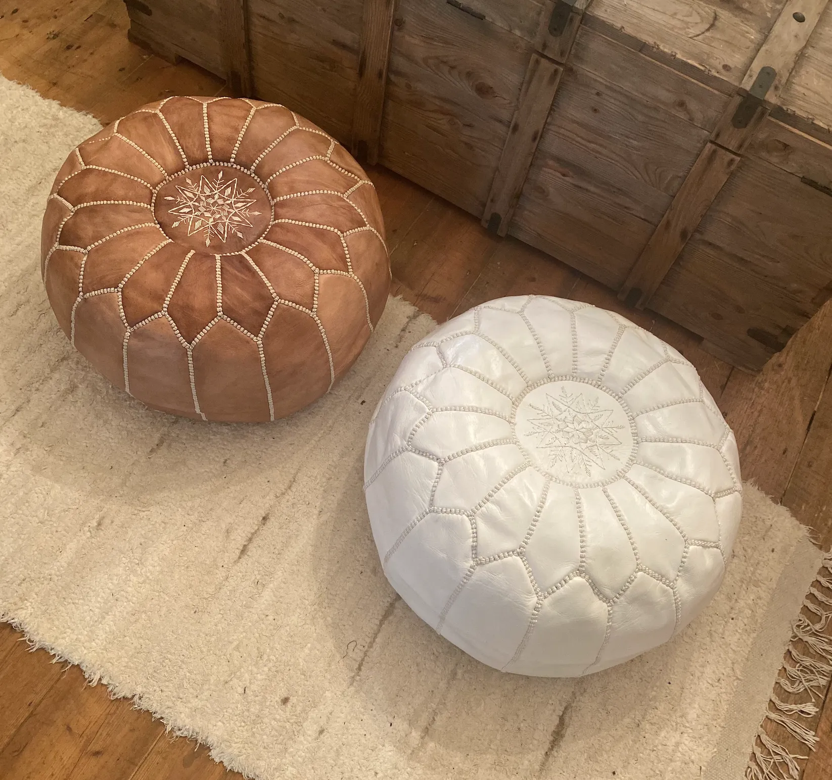 White Moroccan Leather Pouffe